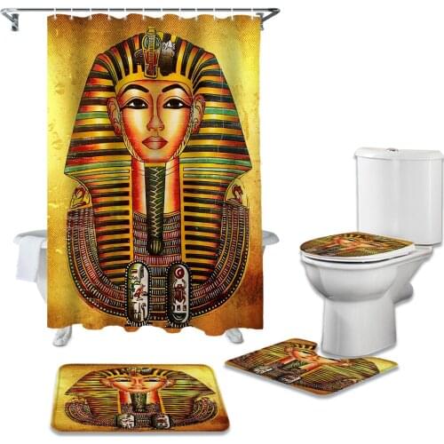 Pharaoh Egyptian Art Retro Style Yellow Shower Curtain Sets Non-Slip Rugs Toilet Lid Cover and Bath Mat Bathroom Curtains Set