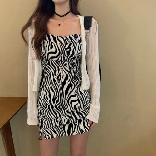 Heliar Women Mini Bodycon Dress Tank Straps Zebra Layers Dress One Piece Women Sleeveless Night Club Sexy Dress For Women Summer