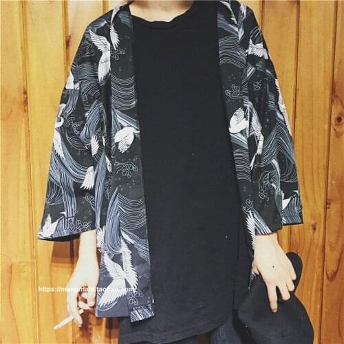 Japanese Painted Flying Crane Wave Seven Sleeve Kimono Cardigan Men Women Loose Thin Half Sleeve Shirt Daopao Streetwear Genuine