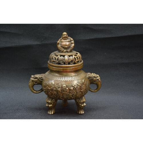 Collectable Old Ming Dynasty Copper Incense Stove \ Censer,Oriental Santa Claus & Buddha,with mark, Free Shipping