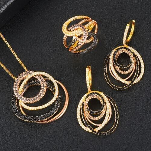 Missvikki New Trendy 3pcs Crossover Chunky Jewelry Set Women Wedding Cubic Zirconia Dubai Gold Necklace Earring Ring Jewelry
