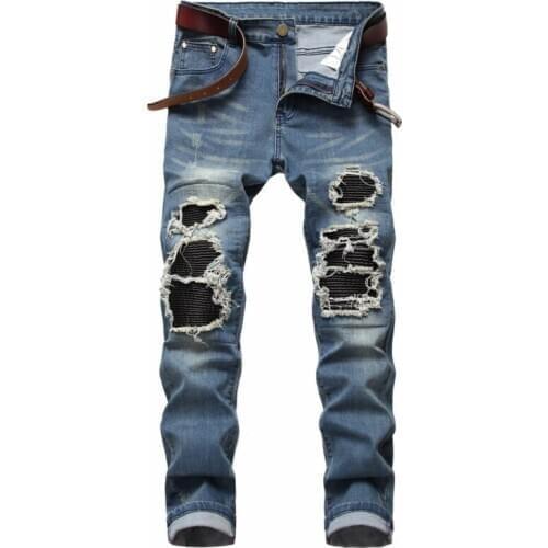2020 Spring Mens Ripped Cloth Patched Slim Feet Jeans Mid-Rise Stretch Pants