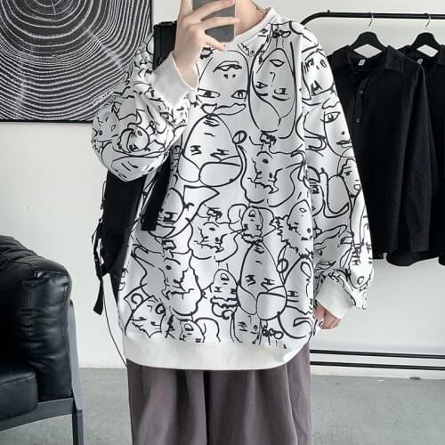 Oversize Round Neck Sweatshirt Men Trend Casual All-match Loose Tops Pullover Printed Graffiti Portrait Long Sleeve Male Clothes