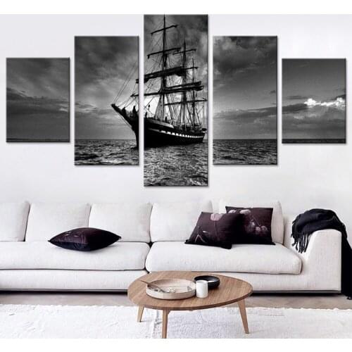 Bedroom Wall Art Pictures 5 Pieces white-black Night Boats in Sea Printed Canvas Painting Home Decoration No Frame