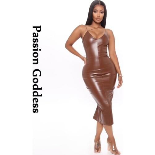 Sexy Women PU Leather Halter Spaghetti Strap Dress Brown Split Dresses Sleeveless Strapless Zipper Bodycon Long Dress Party