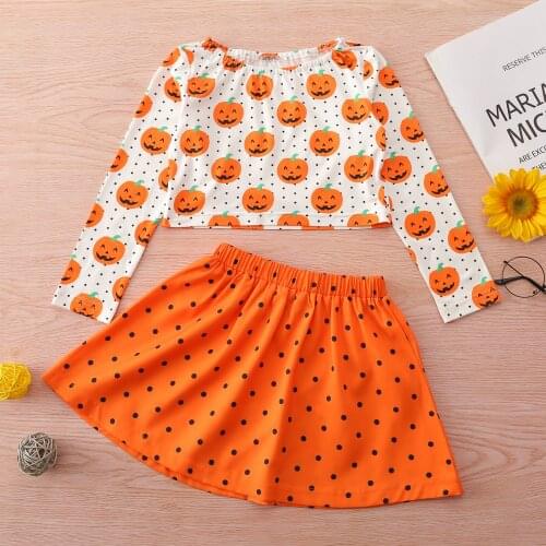 FOCUSNORM 0-4Y Autumn Lovely Baby Girls Halloween Clothes Sets Pumpkin Printed Long Sleeve Pullover Tops Dot A-Line Skirts