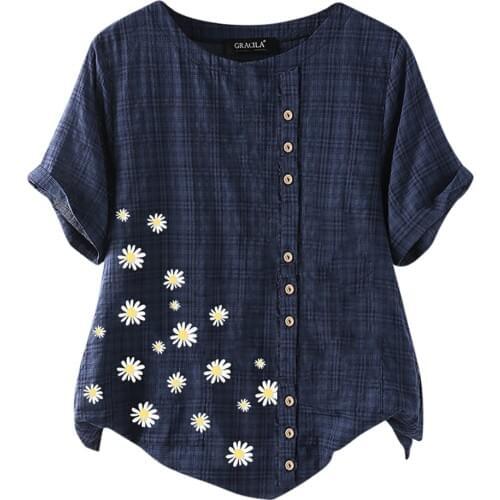5xl Plus Size Floral Print Shirt Women Buttons Short Sleeve Blouses Top O-neck Casual Loose Shirts Blouse Vintage Туника Женская