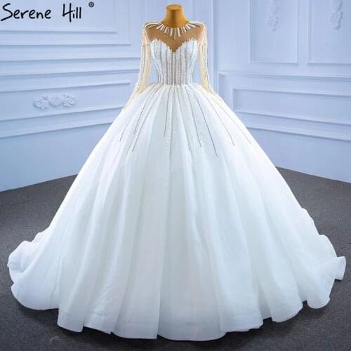 Serene Hill White Muslim Luxury Wedding Dresses 2021 Beaded Pearls High-end Bridal Dress HM67263 Custom Made