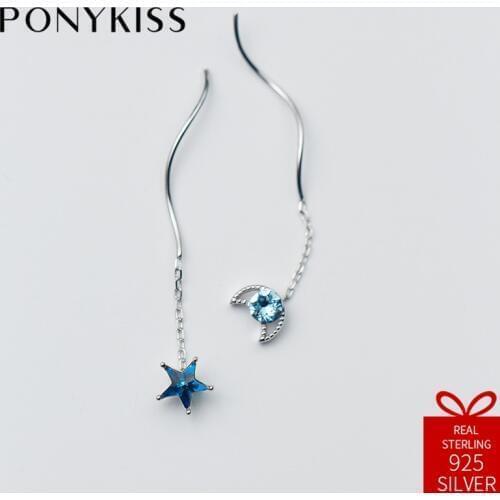 PONYKISS Romantic Real 925 Sterling Silver Chic Moon Blue Zircon Star Tassel Dangle Drop Earrings Women Charm Accessories Gift