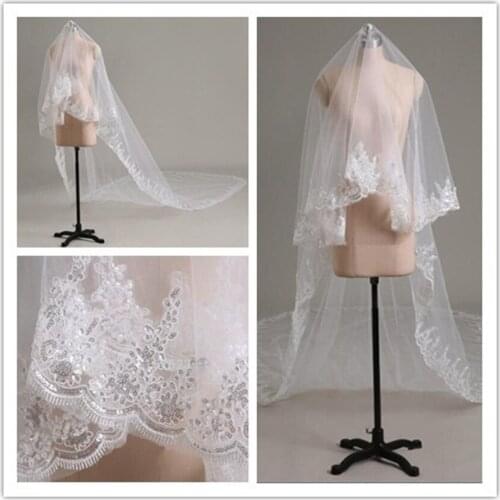 Wedding Veil 1 Tier 3/5 Meter Long Sequins Lace Edge Cathedral Bridal Wedding Veils