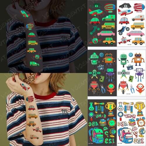 Luminous Waterproof Temporary Tattoo Sticker Kid Traffic Car Deformation Educational Toy Glowing Tatoo Children Fake Tatto Night