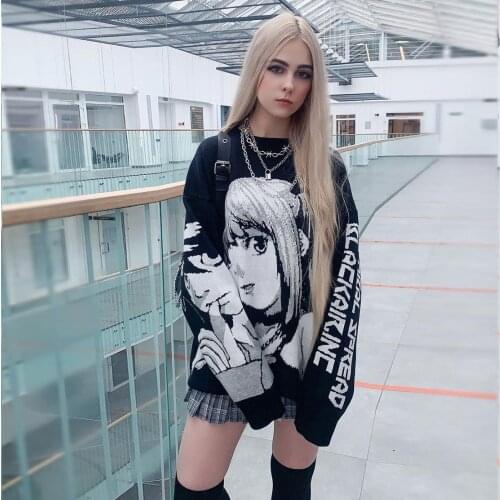 ATSUNSET Vintage Retro Japanese Style Anime Girl Knitted Sweater Autumn Cotton Pullover Mens Hip Hop Streetwear Harajuku Sweater