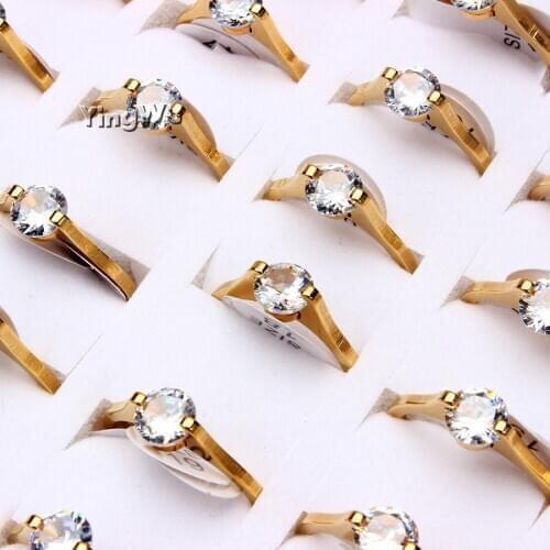 Yingwu Romantic Stainless Steel Rings For Women Ladies Lover Party Wedding Crystal Rhinestone Rings 20pcs