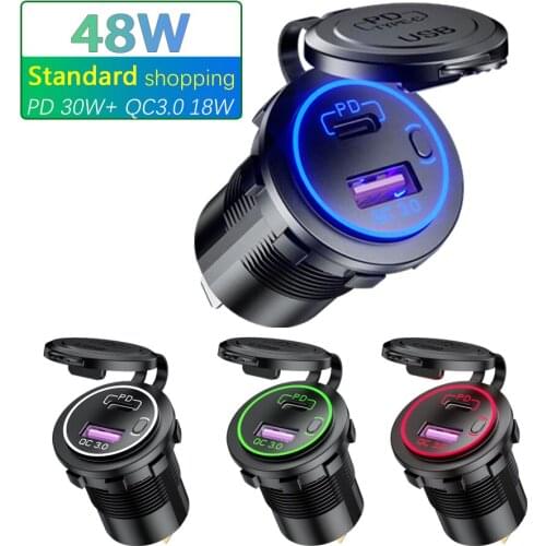 ROXGOCT 48W 12V USB Charger PD QC 3.0 Fast Charging Power Switch Car Lighter Socket For Motorcycle Car Truck SUV RV ATV Boat