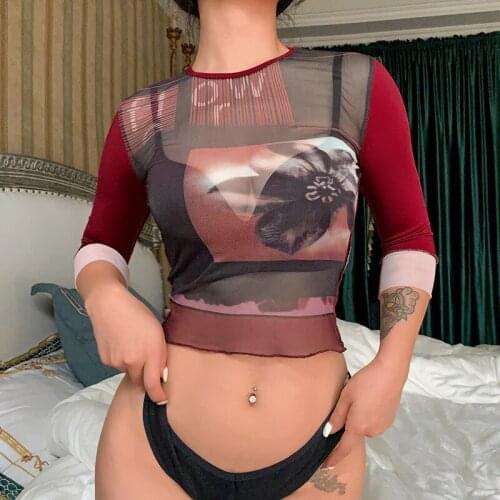 2021 Fashion Vintage Print Mesh Women T-Shirt Sexy Half Sleeve O Neck Perspective Exposed Navel Tops Slim Crop Top Streetwear