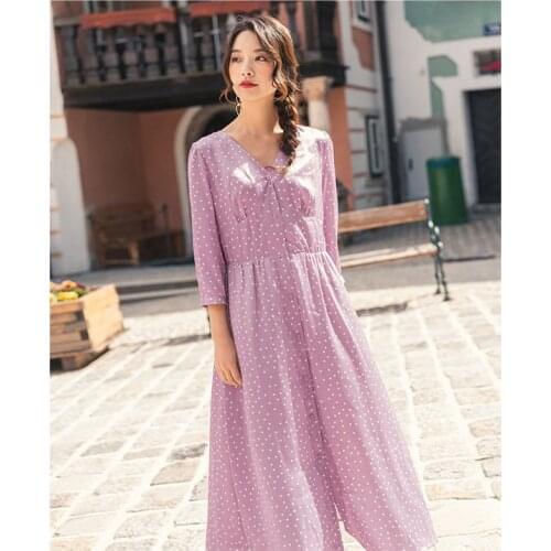 INMAN Spring Autumn Temperament V-neck Nipped Waist Wave point A-line Elegant Fairy Dress