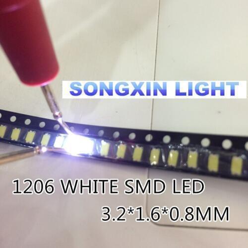 200PCS SMD 1206 White Led 1206 smd led cool white Super Bright LED Diode Light 5000-8000k 200-300mcd 3.0-3.6v