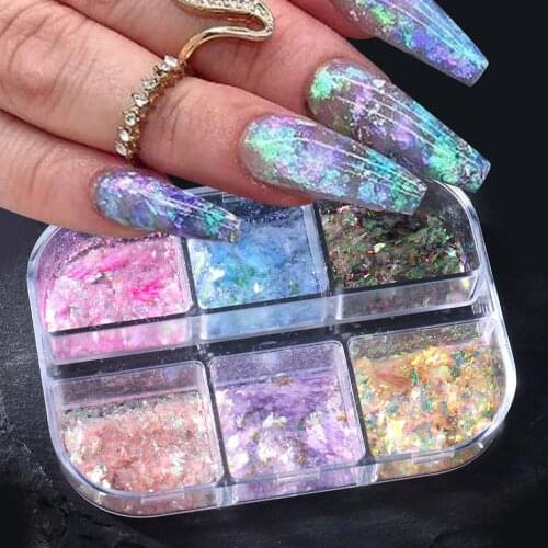 6 Grids Laser Fire Opal Powder Dust Nail Art Glitters Holographic Pink Pigment Dip Powder Aurora 3D Nail Charms Decorations JIOB