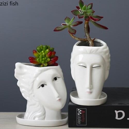 White Ceramic Flowerpot Human Head Flowerpot Succulent Flower PotDesktop Ornaments Statue Gardening Supplies Plant Pot Vase