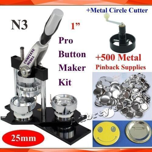 Free Shipping High Quality Pro N3 1" 25mm Badge Button Maker Machine +Metal Circle Cutter+500 Sets of Metal Pinback Supplies