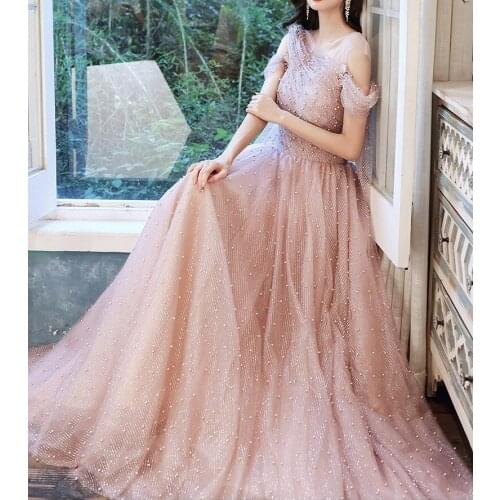 Nude Pink Prom Dress A-line Pleat Pearl Embellishment Round Neck With Streamers Wedding Guests Formal Party Evening Prom Gowns