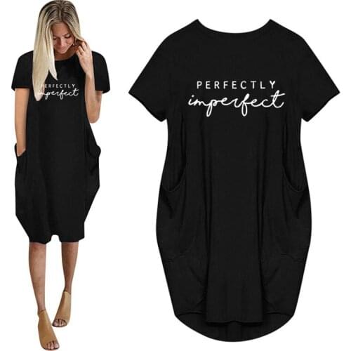 PERFECTLY IMPERFECT Letters Print Women Summer Dress With Pocket Ladies O Neck Tops Female Streetwear T Shirt Dress