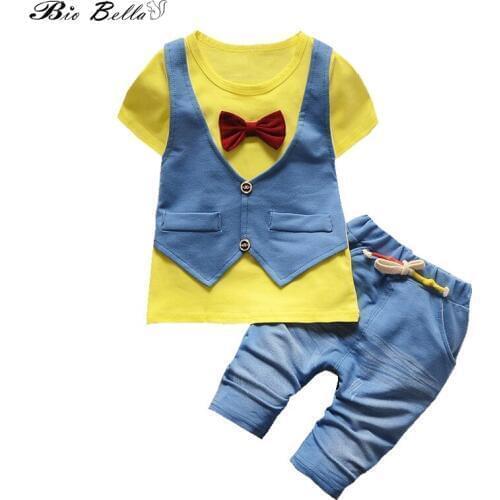 Summer Baby Boy Clothes Gentleman Short Sleeve Tshirt+Short Pant 2pcs Suit Bowtie Decor Gentle Outfits Children Suits