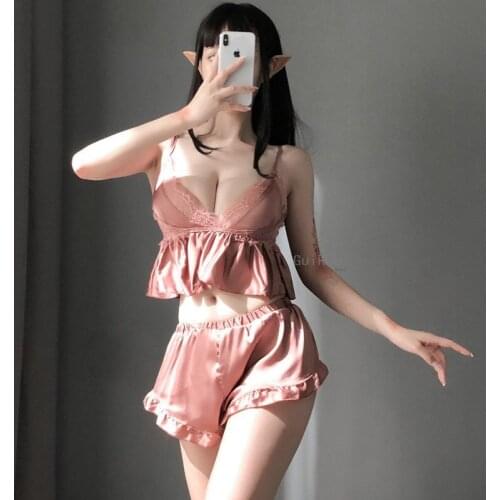 Sexy Costume Soft Comfortable Home Pajamas for Women Sexy Lace Crop Top Shorts Set Sleepwear Satin Pijama Nightwear Pyjama