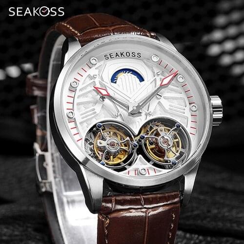 Super Thin 10mm SEAKOSS Dual Tourbillon TOP Luxury Men Skeleton Mechanical Watches Sapphire Glass Business High-End Wristwatches