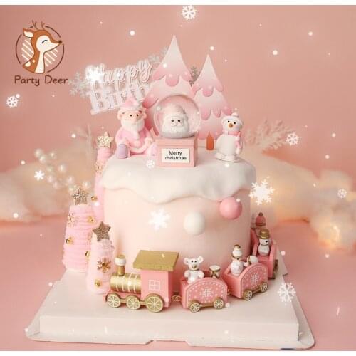 Pink Christmas Tree Bear Santa Claus Xmas Cake Topper for Birthday Party DecorationLove Gift Baby Shower Baking Supplies