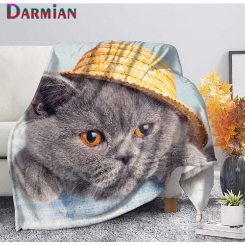 DARMIAN Lovely Cat Wearing Yellow Hat Fleece Throw Blanket Home Textiles Soft Warm Single Summer Knee Nap Blanket for Adult Kids