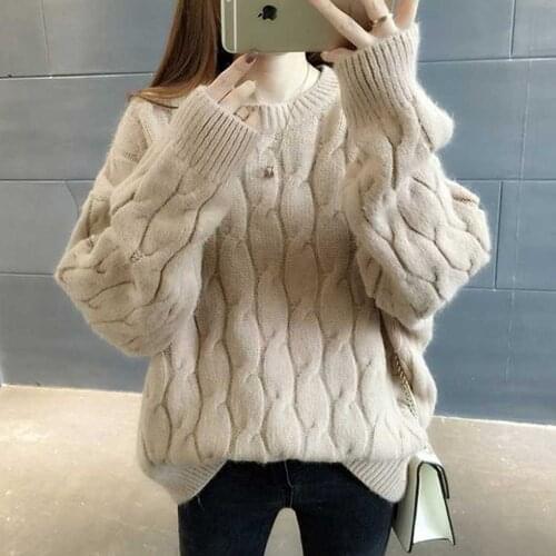 O-Neck Twisted Oversize 2021 New Arrival Thick Warm Winter Knitted Women Sweater Loose Casual Solid Color Pullover Plus Size