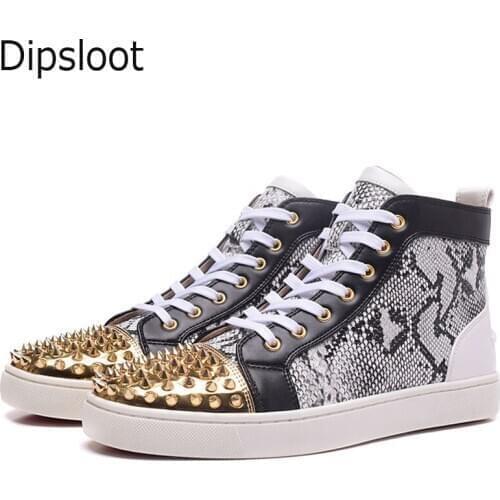 Hot Rivets Studs Python Leather Patchwork Flats Shoes High Top Women Sneaker Lace-Up Shoes Men Glitter Gold toe Casual Shoes