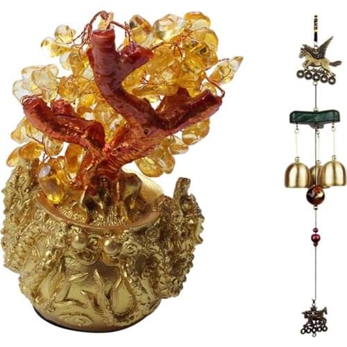 Wind Chimes Bells Copper 3XBells & Chinese Golden Crystal Lucky Money Fortune Tree LUCKY Fortune Wealth