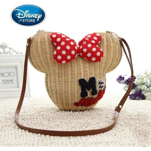 Disney Mickey Mouse Women Hand-Woven Rattan Bag Straw Shoulder HandBag Minnie Bow-Knot Girl Hollow Purely Handmade Messenger Bag