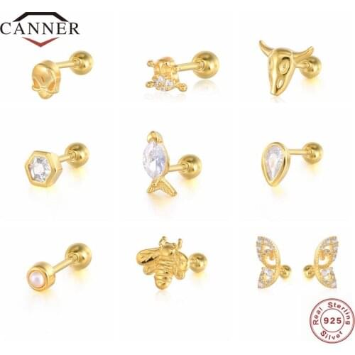 CANNER Small Piercing Earring Real 925 Sterling Silver Diamond Zircon Stud Earrings for Women Gold Color Jewelry Pendientes