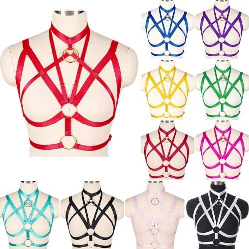 Harness Woman Hollow Bra Collar Top Punk Metal Ring Accessories Cupless Elastic Bandage Belt Body Bondage Cropped Gothic Clothes