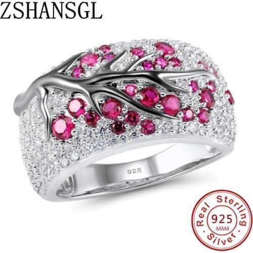Luxury 925 Silver filled Pink Big CZ Crystal Wedding Female Rings for Women Simple Green leaves Geometric Ring Jewelry Bijoux