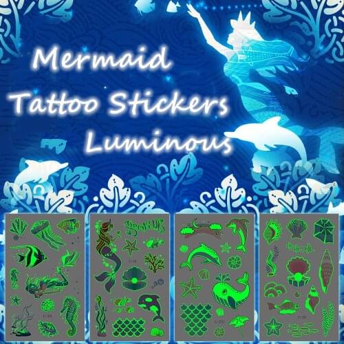 1pc Luminous Mermaid Tattoo StickersChild Kid Temporary Fake Tattoos Glow Paste on Face Arm Leg for Children Body Art Sticker