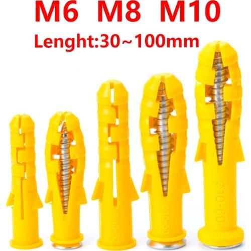 10pcs Plastic Screw Tube Drywall Expansion Screw M6M8M10 Wall Plug Screw Anchor Plug Small Yellow Fish Standard Nylon Fasteners