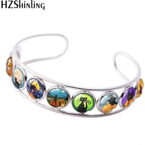 2020 New Halloween Cat with Pumpkin Cuff Bracelet Black Cats Bracelets Round Glass Dome Photo Jewelry Gifts