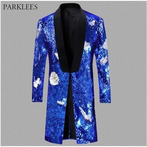 Royal Blue Flipping Sequin Blazer Men Long Pattern Glittle Mens Blazer Suit Jacket Stage Party Dance Singer DJ Club Costumes 5XL