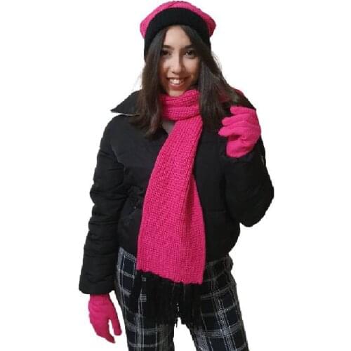Edwol Women 3 pcs Scarf Beanie and Glove Set Fuchsia Black
