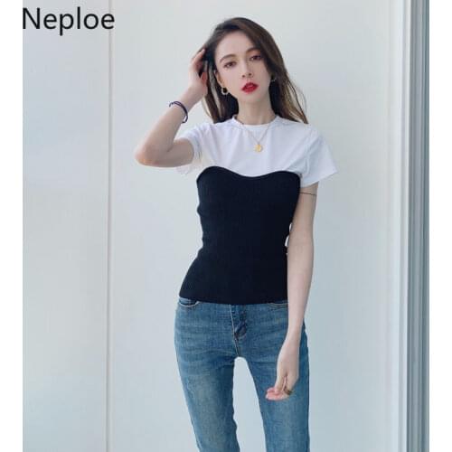 Neploe Slim Waist Patchwork T Shirt Contrast Color Black White Solid Short Sleeve Tee Summer Women Korean Fashion Sexy Top