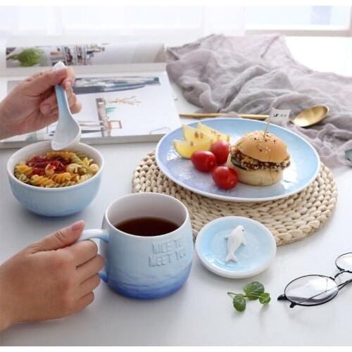 Ceramic Steak Dinner Plate Sea Sound Cartoon Cute Rice Bowl Salad Bowl Household Tableware Bowl Plate Spoon Set Dinner plate