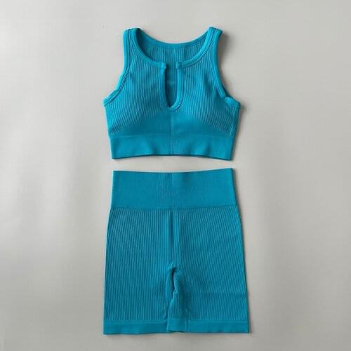 Seamless Yoga Set Workout Sets for Women 2 Piece Notch Neckline Crop Top High Waist Running Shorts Ribbed Gym Outfit Sportswear