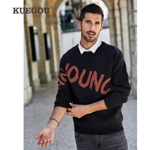 KUEGOU 2021 Autumn Letter Black Sweater Men Pullover Casual O-Neck Jumper For Male Fashion Brand Knitted Plus Size Clothes 9139