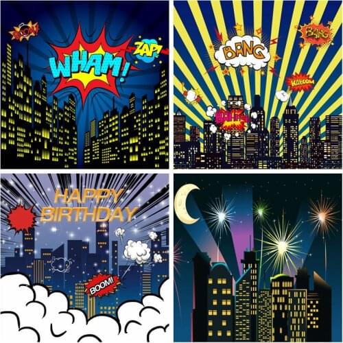 Laeacco Comic Super Hero City Party Baby Boy Children Photography Backgrounds Customized Photographic Backdrops For Photo Studio