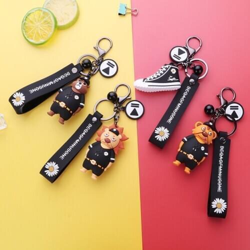 Fashion Cartoon Police Tiger Lion Bear Doll Keychain Cute Little Daisies Canvas Shoes Keychains Women Bag Charm Pendant Keyring
