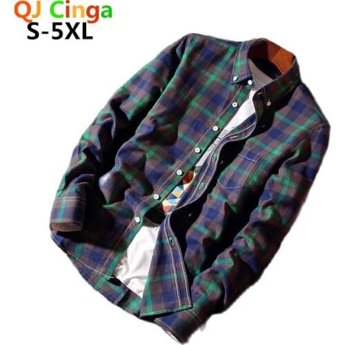 Spring and Autumn Mens Green Striped Checked Shirt Slim Version of Male Brand Long Sleeve Cotton Shirts Large Size S-4XL 5XL